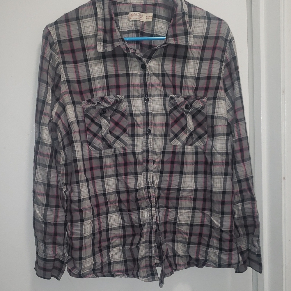 Faded Glory Black and Purple Plaid Shirt